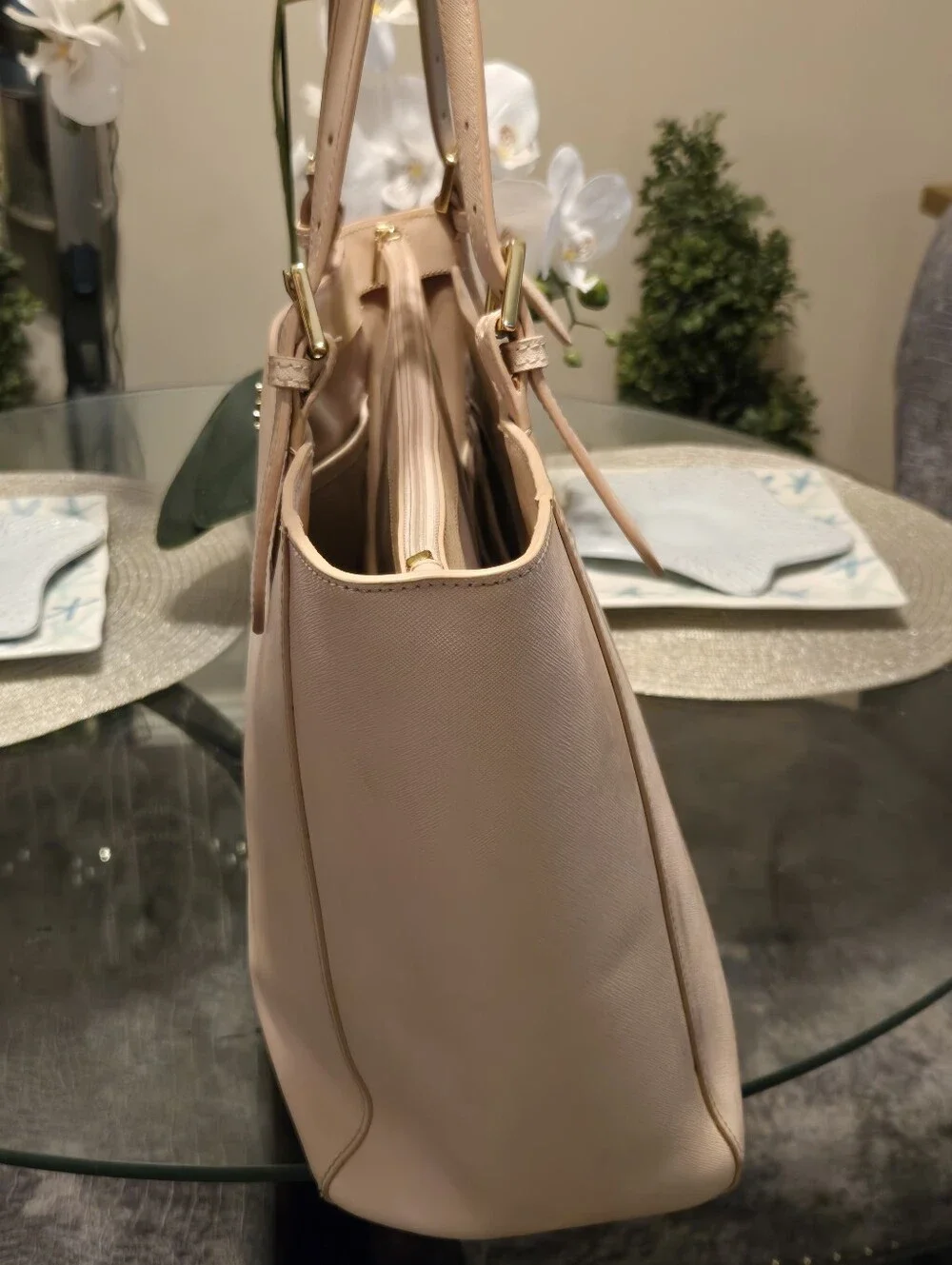 TORY BURCH York Small Tote Bag Pastel Baby Pink Saffiano Leather Diaper Work